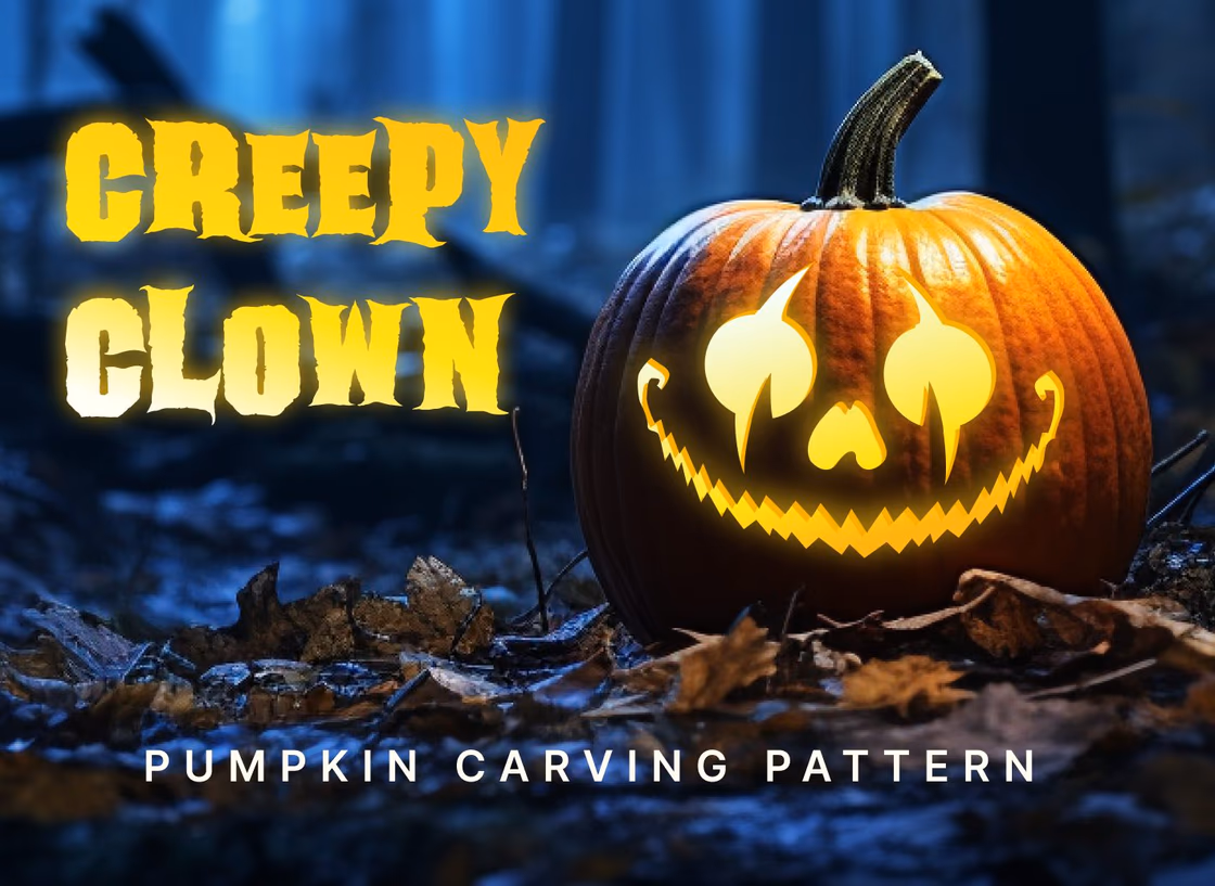 Creepy Clown pumpkin carving stencil, view 4