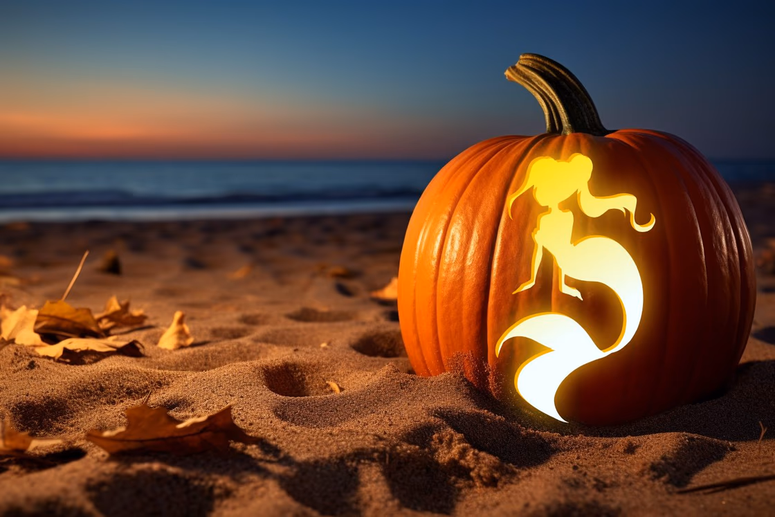 Mermaid pumpkin carving stencil, view 6