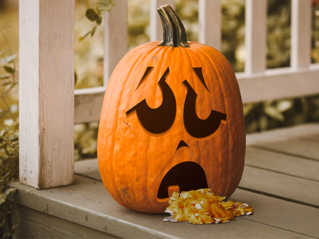 Puking pumpkin carving stencil, view 4